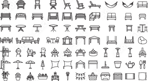 Outdoor furniture and garden decor line icons set for patio design and backyard landscaping vector illustration