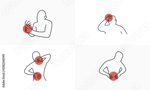 Set of human body pain line art icons showing headache, arm, neck, and back injury