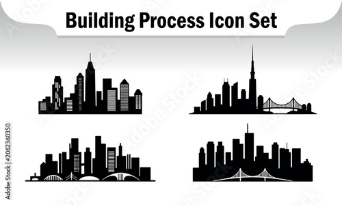 Building Process Icon Set – City Skyline Silhouette Architecture Vector Collection