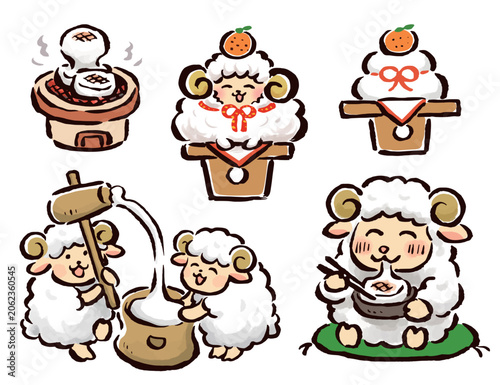 お正月　お餅と未（羊）　ゆるい手描きのイラストセット