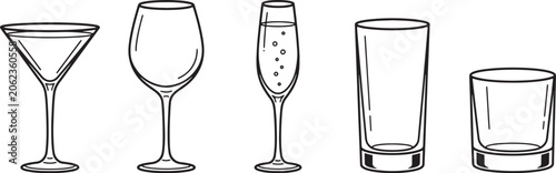 Set of various empty glassware icons including martini, wine, champagne, highball, and rocks glasses in vector
