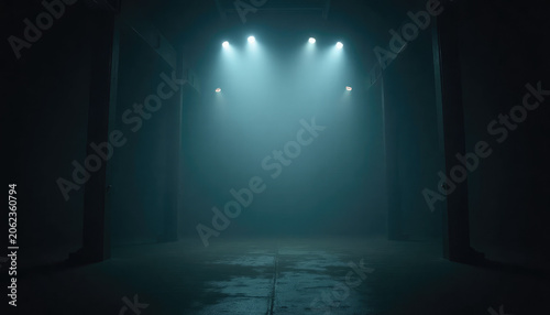 Empty stage with dramatic spotlight in dark hall. Industrial warehouse interior with beam of light through smoke. Background for concert, event, presentation or theatrical performance.
