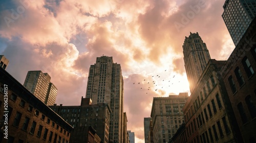 Skyscraper view in city looking up at sunset sky with bird flock. Urban architecture and metropolitan landscape. Business district environment in golden hour light for travel concept.