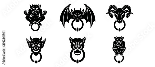 Obraz na płótnie Gothic door knocker vector set featuring devil, demon, ram, gargoyle, and monster faces with metal rings