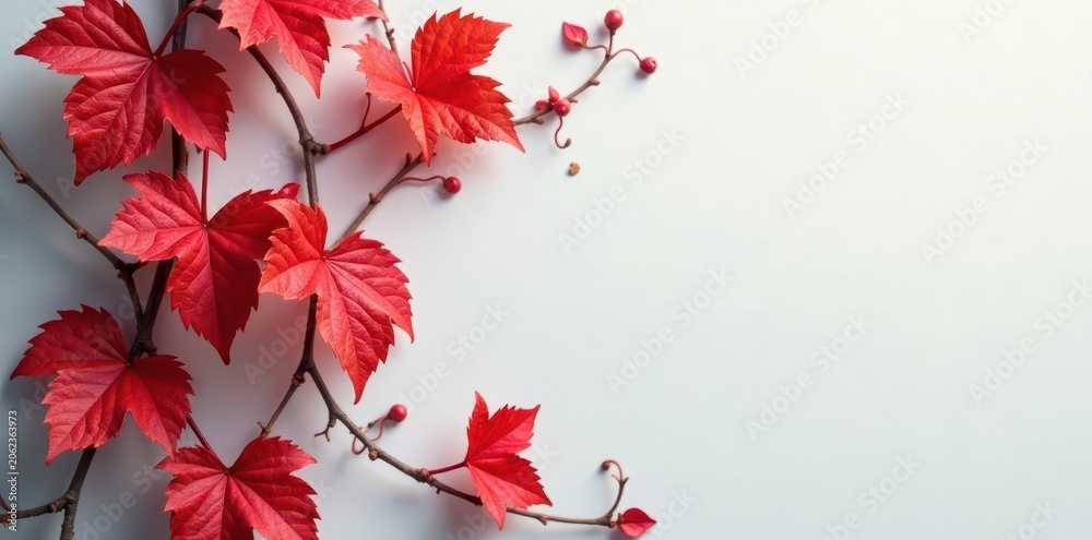 Fototapeta premium Colorful red leaves adorn a climbing vine with entwined stems , flora, vine, stem
