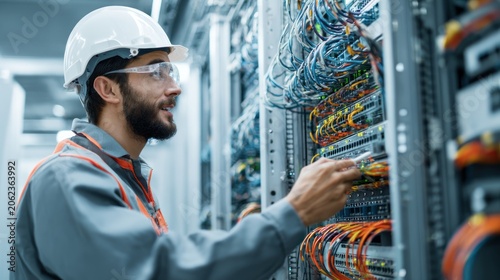 Technician inspects network cables in data center for technical maintenance