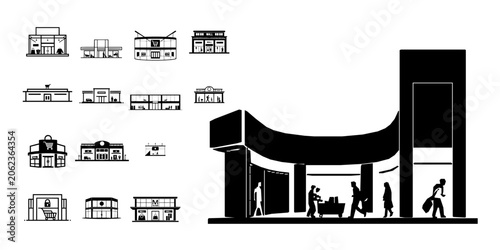 Photography Shopping Mall Retail Complex Flat Vector Icon with Clean Lines on White Backgrou