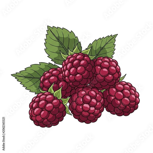 Fresh ripe raspberries with green leaves isolated on white background