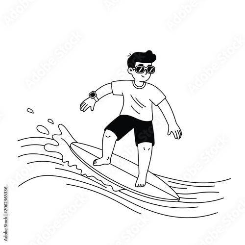 Minimalist Black And White Line Art Illustration Of A Young Person Surfing On Ocean Waves