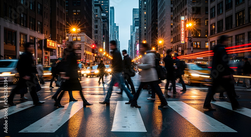 People motion blur crossing city street crosswalk with yellow taxi in New York