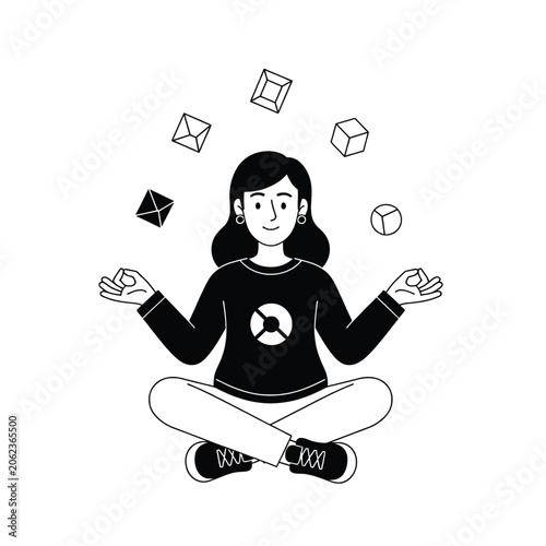 Woman Sitting In Lotus Position Juggling Geometric Shapes With A Calm Expression Minimalist Line Art