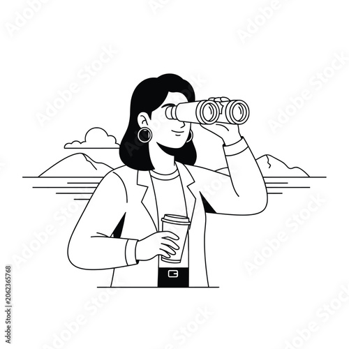 Woman Looking Through Binoculars Holding A Coffee Cup As A Minimalist Black And White Line Art Design