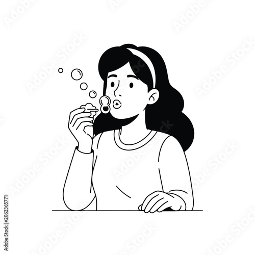 Young Girl Blowing Soap Bubbles Hand Drawn Minimalist Black And White Line Art Illustration Isolated