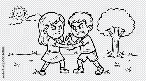 A black and white line art vector illustration of an angry boy and girl fighting or arguing outdoors in a park, designed as a coloring book page for children, isolated on a transparent grid background
