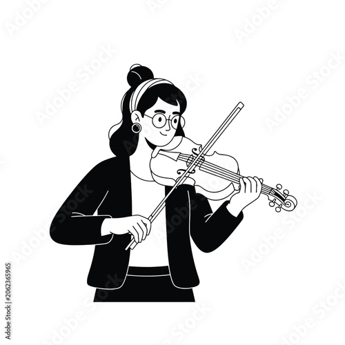 Young Woman Playing Violin In A Minimalist Black And White Line Art Illustration Style