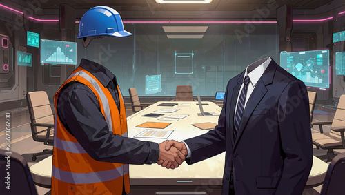 Corporate Construction Agreement: Hard hat worker and executive shaking hands, representing a large-scale industrial contract.