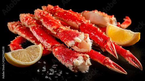 Assorted Crab Legs Platter. Variety of cooked red crab legs with lemon and salt on a dark background.