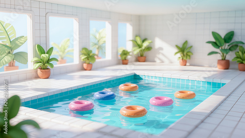 Tropical Oasis Background. Crystal clear water of a private pool surrounded by exotic plants and fun floating toys.