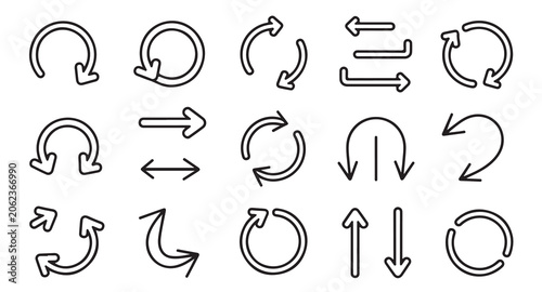 Tableau sur toile Outline arrow symbols including circular arrows, curved arrows and bidirectional arrows