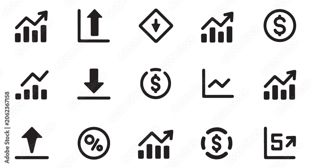Fototapeta premium Set of black financial growth and business profit icons isolated on white background web.