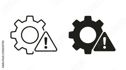 Two simple icons showing a gear symbol next to a warning triangle with an exclamation mark