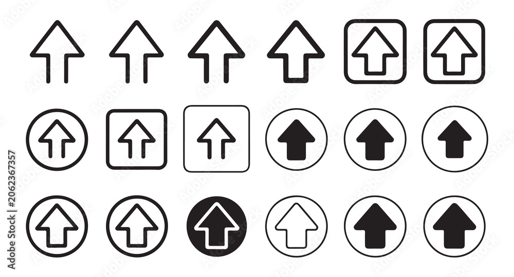 Fototapeta premium Arrow up icon collection with different stroke weights and geometric enclosure variations.