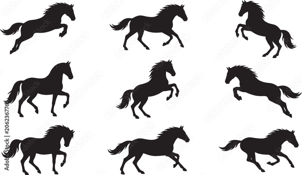 Obraz premium Collection of black horse silhouettes in various running poses