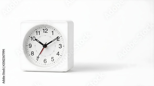Clean white analog clock on a white background. Minimalist studio composition representing time, productivity, organization, and punctuality
