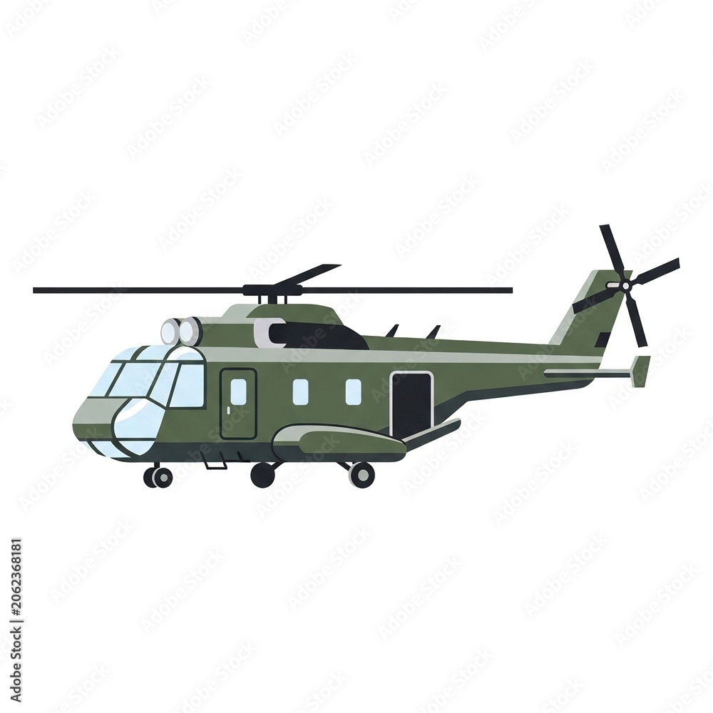 Obraz premium Military helicopter icon, cartoon style vector illustration of a green army transport aircraft isolated on white background