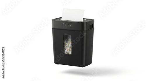 Black electric paper shredder with white paper on white background