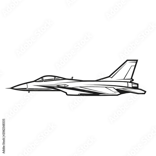 Vector illustration of a modern fighter jet aircraft in side view, sleek military plane silhouette isolated on white background