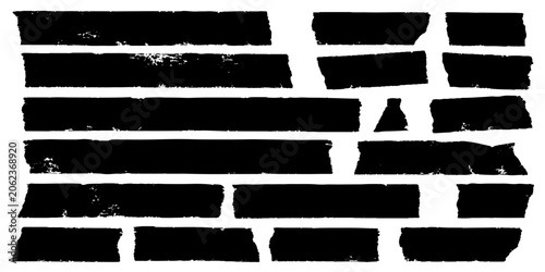 Bild auf Leinwand Torn black tape strips with rough edges are scattered across a white background, evoking a sense of disruption or makeshift repair