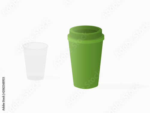 Disposable plastic cup vs reusable coffee cup, sustainable alternative concept