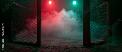 Smoke effect is around the Mix martial arts stage , red and green spot light is background , action cinematic.