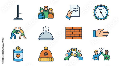 Colorful icons representing various social activities