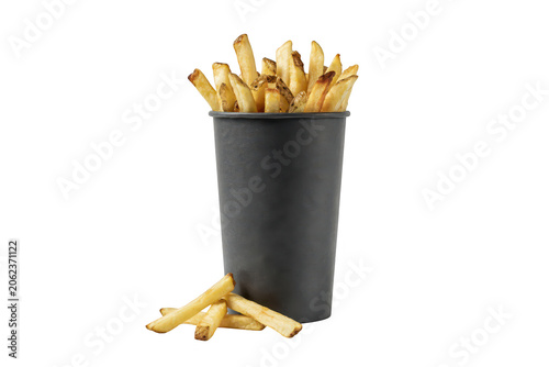 Tall black paper cup filled with golden crispy french fries and a few loose fries at the base isolated on a transparent background