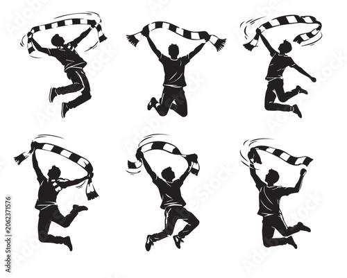 Football Supporter Jumping With Spinning Scarf Silhouette Bundle Minimalist Fan Vector Illustration