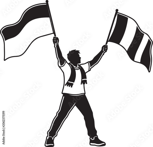 Football Supporter Waving Double Flags Silhouette Bundle Minimalist Vector Illustration