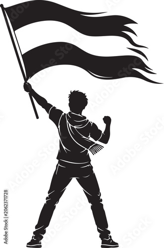 Football fan with fluttering flag silhouette, minimalist black and white vector, sports supporter celebration illustration