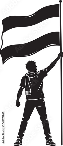 Football supporter holding vertical waving flag silhouette, minimalist black and white vector, sports fan celebration design