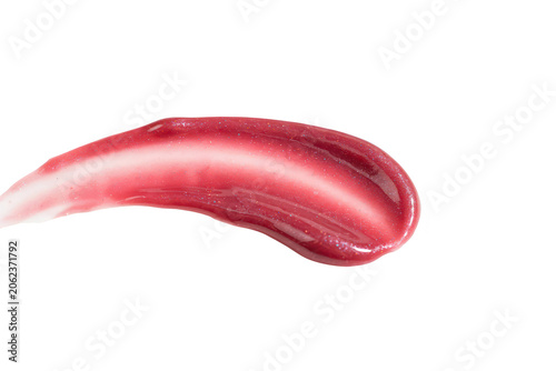 Thick horizontal smear of vibrant pink lip gloss with a shimmering texture and reflective surface highlights isolated on a transparent background