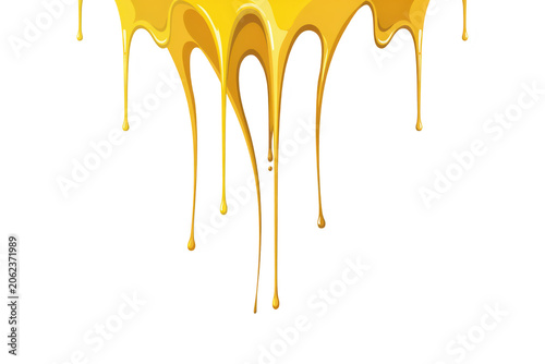 Thick viscous yellow liquid dripping downwards in multiple streams creating a glossy texture effect isolated on a transparent background
