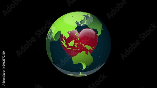 Shiny beating red heart inside green planet earth, promoting love, care, and environmental awareness on a black background