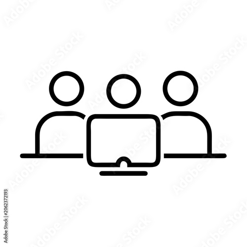 Teamwork icon with people gathered around computer