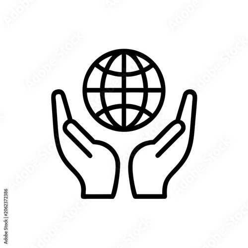 Hands holding globe icon outline symbolizing global care support environment protection