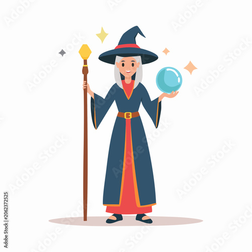 Cartoon Witch with Crystal Ball and Staff