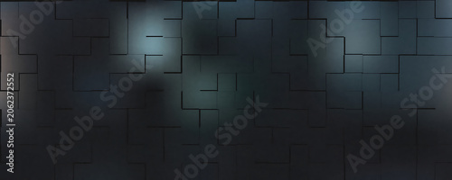 Foto Dark grey geometric wall texture with rectangular blocks, soft blue light highli