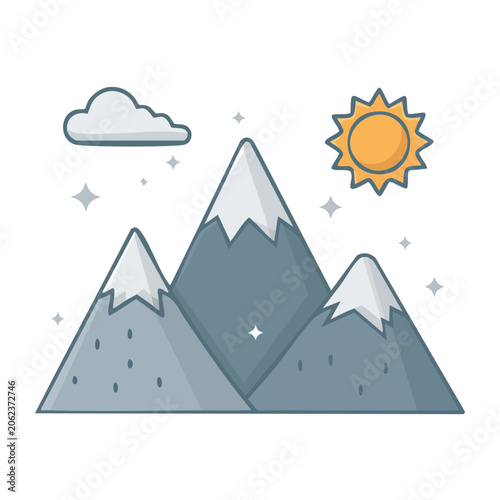Flat design mountain with sun and snowflakes