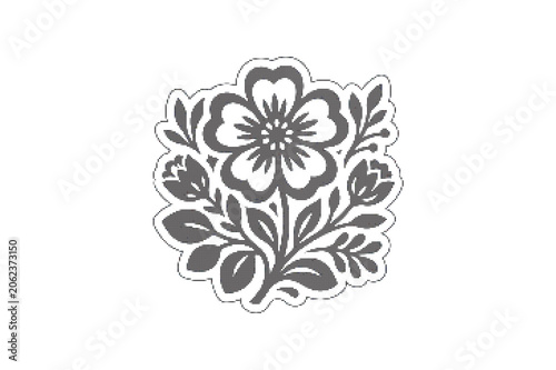 Black and white floral sticker with heart shape petals vector illustration