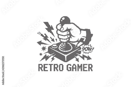 Retro gamer sticker with hand holding joystick and pow effect